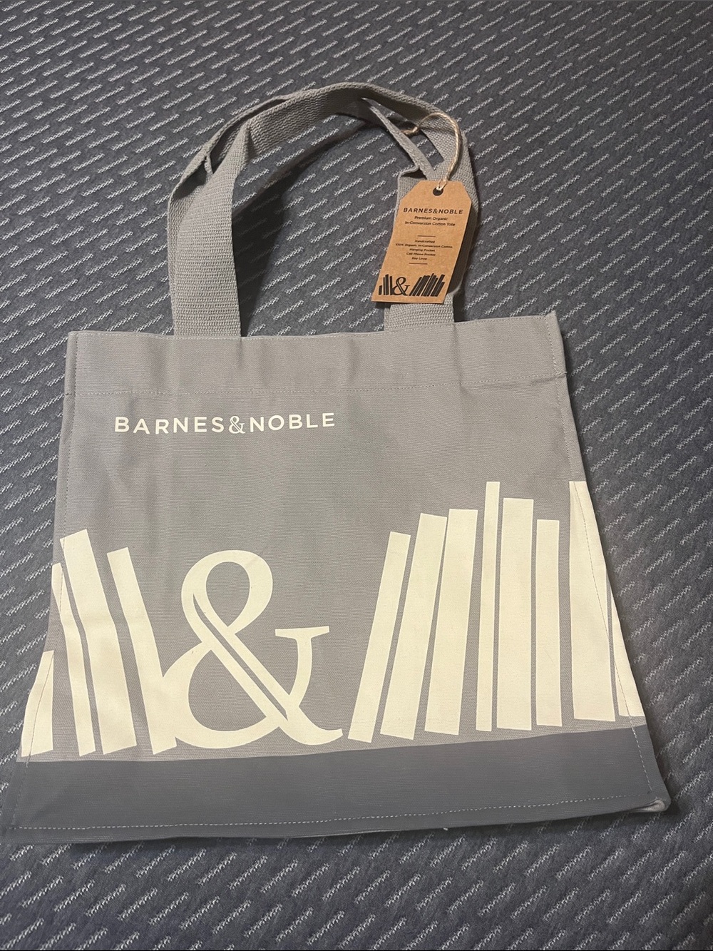 Barnes & Noble Gray Tote with Cream Book Motif